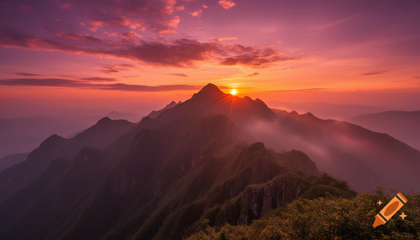 A vibrant sunset casts an orange and pink glow over silhouetted mountain peaks, with misty valleys below.