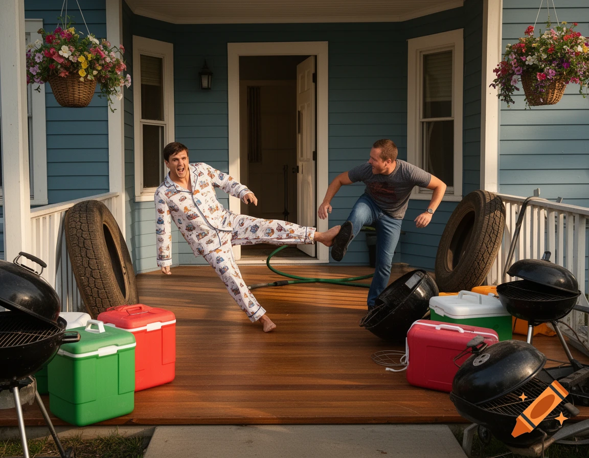 A man in patterned pajamas being playfully kicked by another man on a blue house porch with barbecues and coolers.