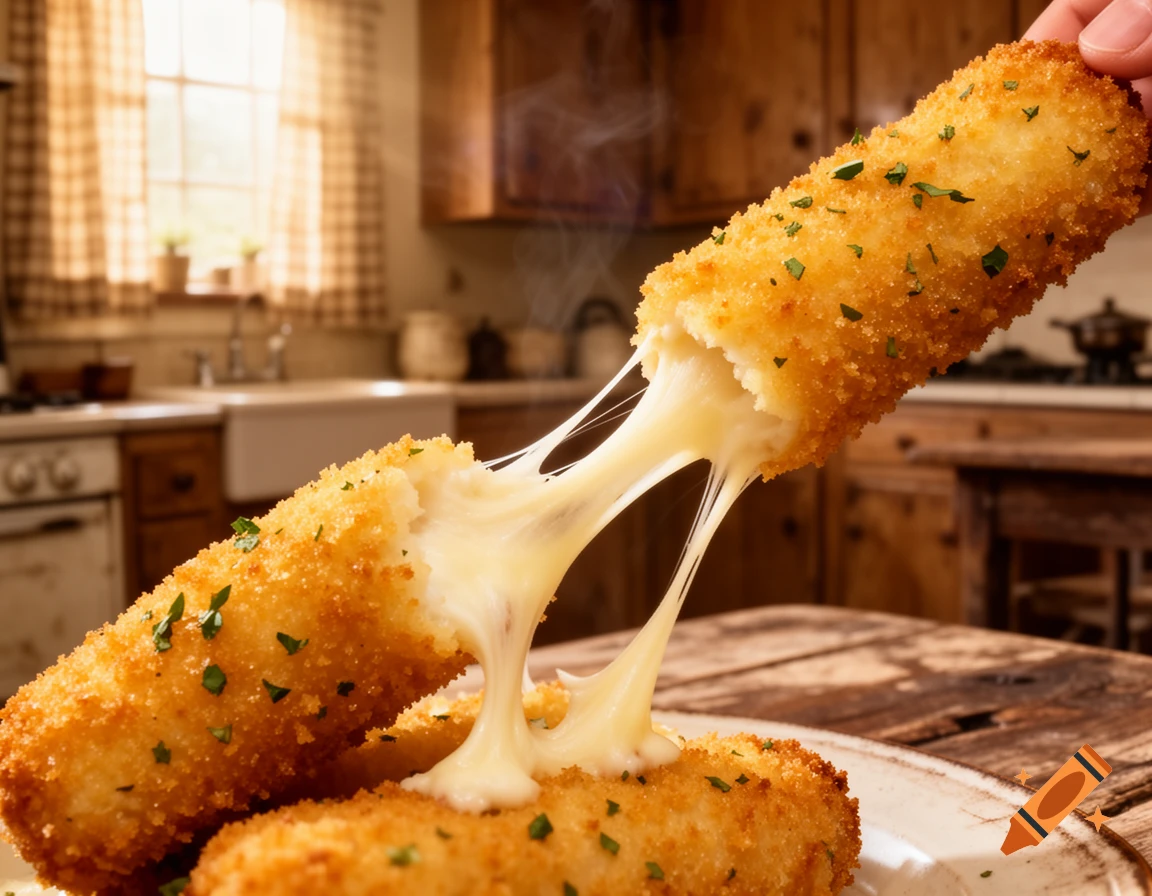 Hand pulling apart a golden-brown mozzarella stick, revealing very stringy melted cheese, with a cozy kitchen background.