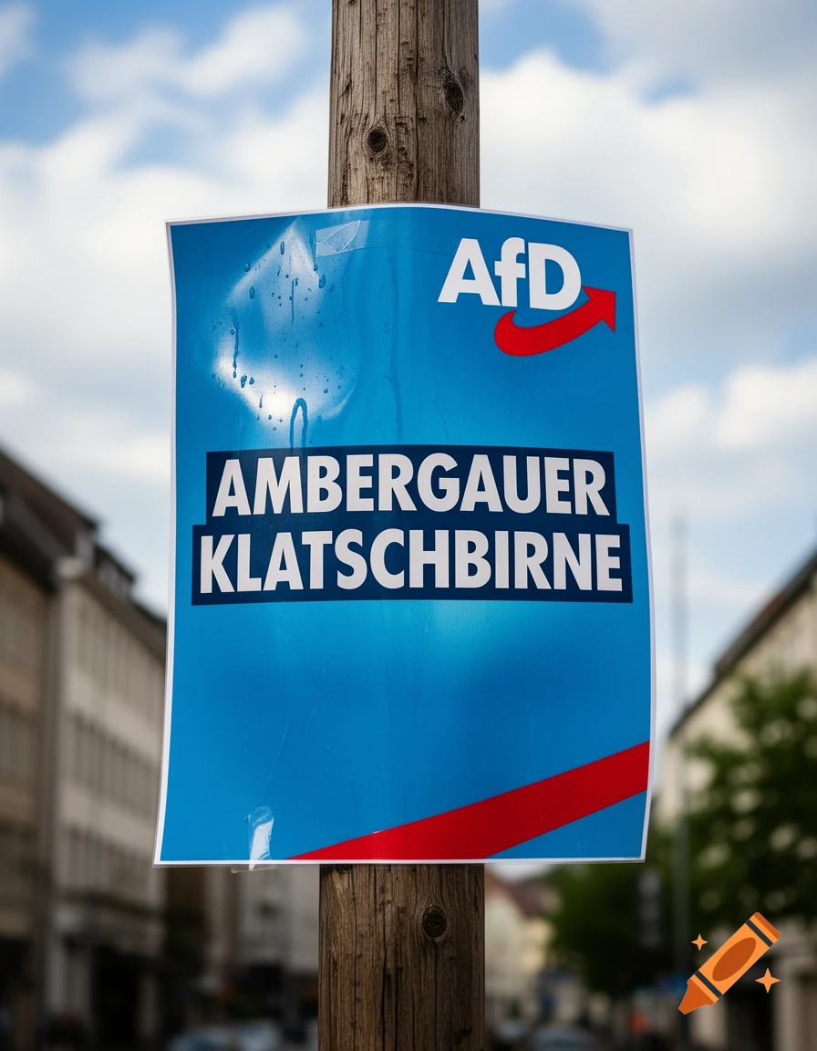 A blue AfD political poster with the text 'AMBERGAUER KLATSCHBIRNE' attached to a wooden pole outdoors under a cloudy sky.
