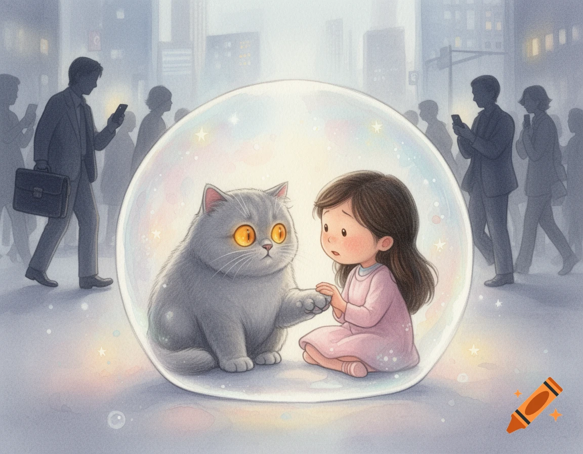 Watercolor illustration of a girl and a fluffy grey cat holding paws in a magical bubble, surrounded by blurred rushing adults.