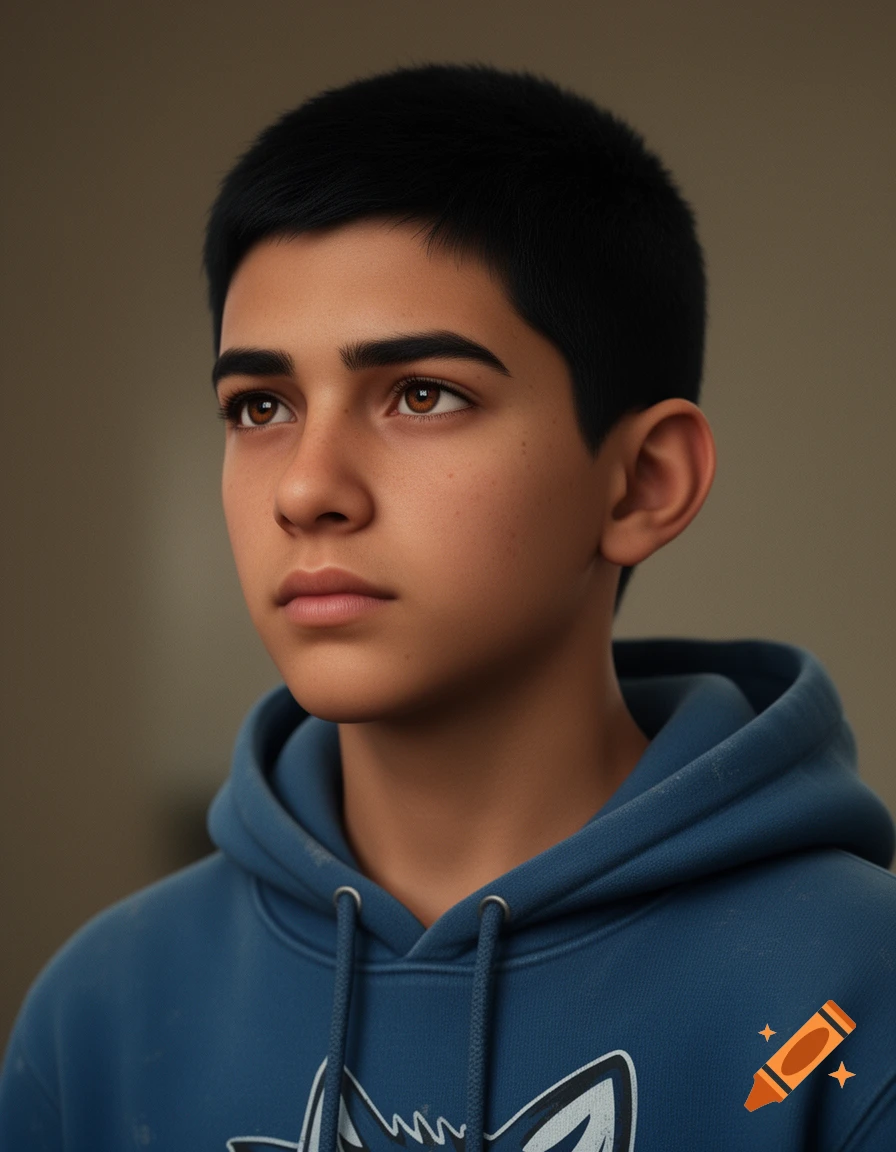 A hyper-realistic cinematic portrait of a young man with dark hair and brown eyes wearing a blue wolf hoodie.