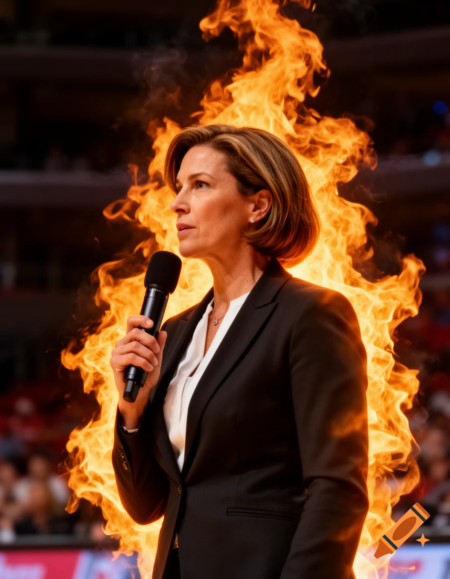 A woman in a black suit holds a microphone with large flames behind her, in a photorealistic style, within an arena.