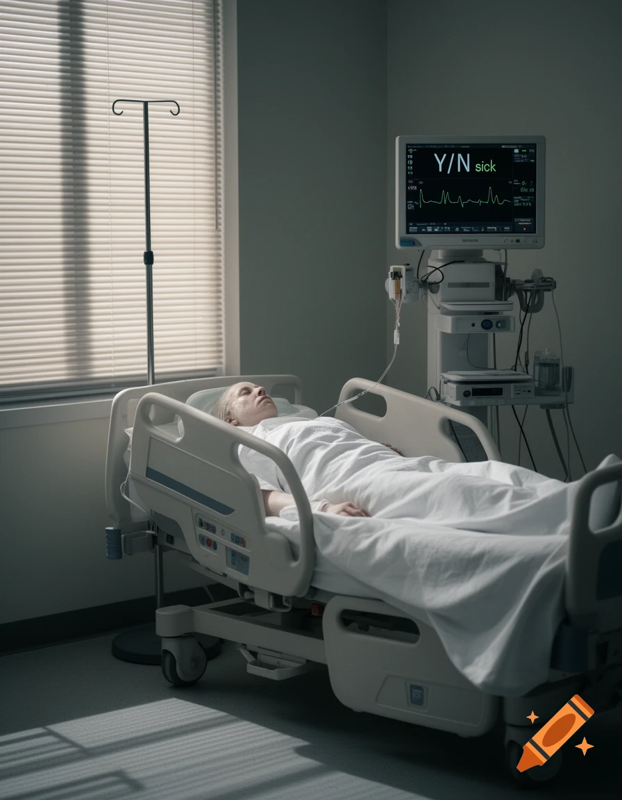 A photorealistic image of a person lying in a hospital bed with an IV stand and a medical monitor displaying "Y/N sick".