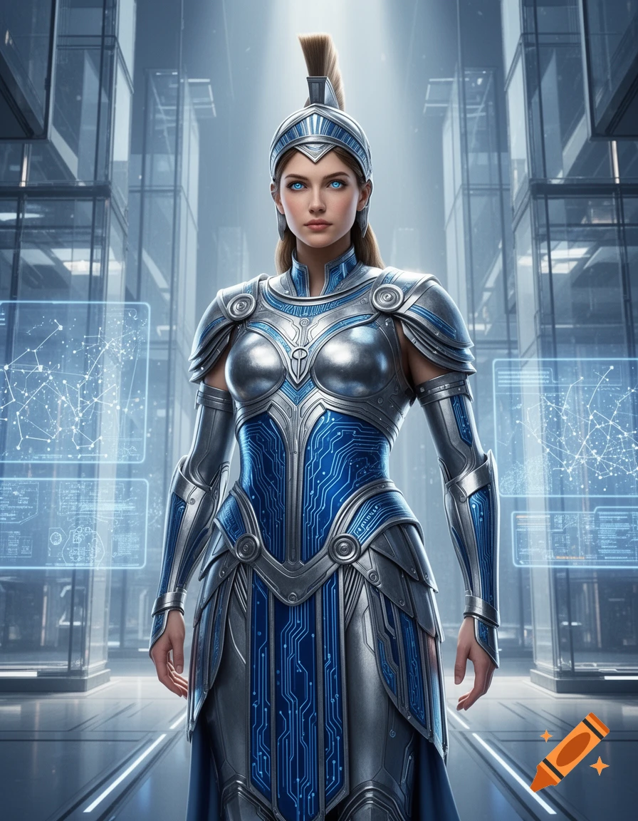 A woman in intricate blue and silver futuristic armor, wearing a plumed helmet, stands in a modern sci-fi city with holographic displays.