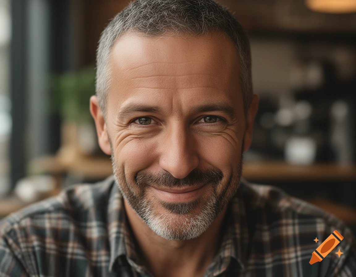 Close-up portrait of a smiling middle-aged man with a gray beard and plaid shirt.