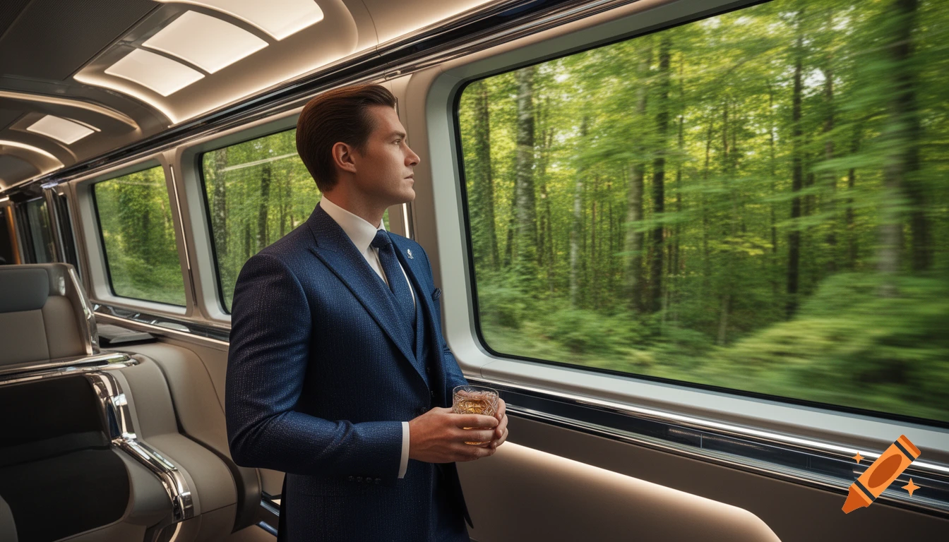 A man in a blue suit looks out the window of a modern train, holding a drink, as green forest blurs by outside.