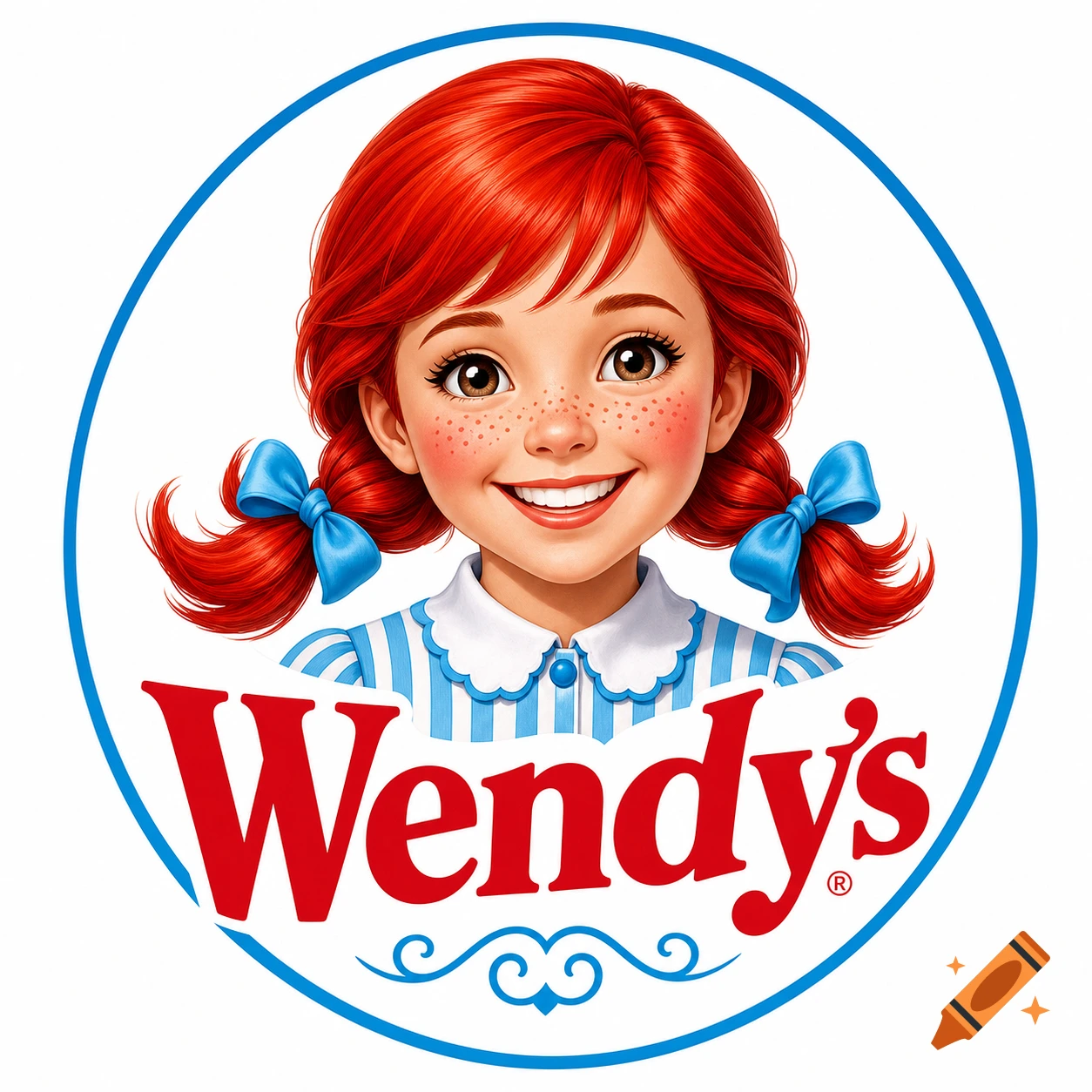 Wendy's fast food logo featuring a smiling cartoon girl mascot with red pigtails, blue bows, and a striped dress, framed by a blue circle.
