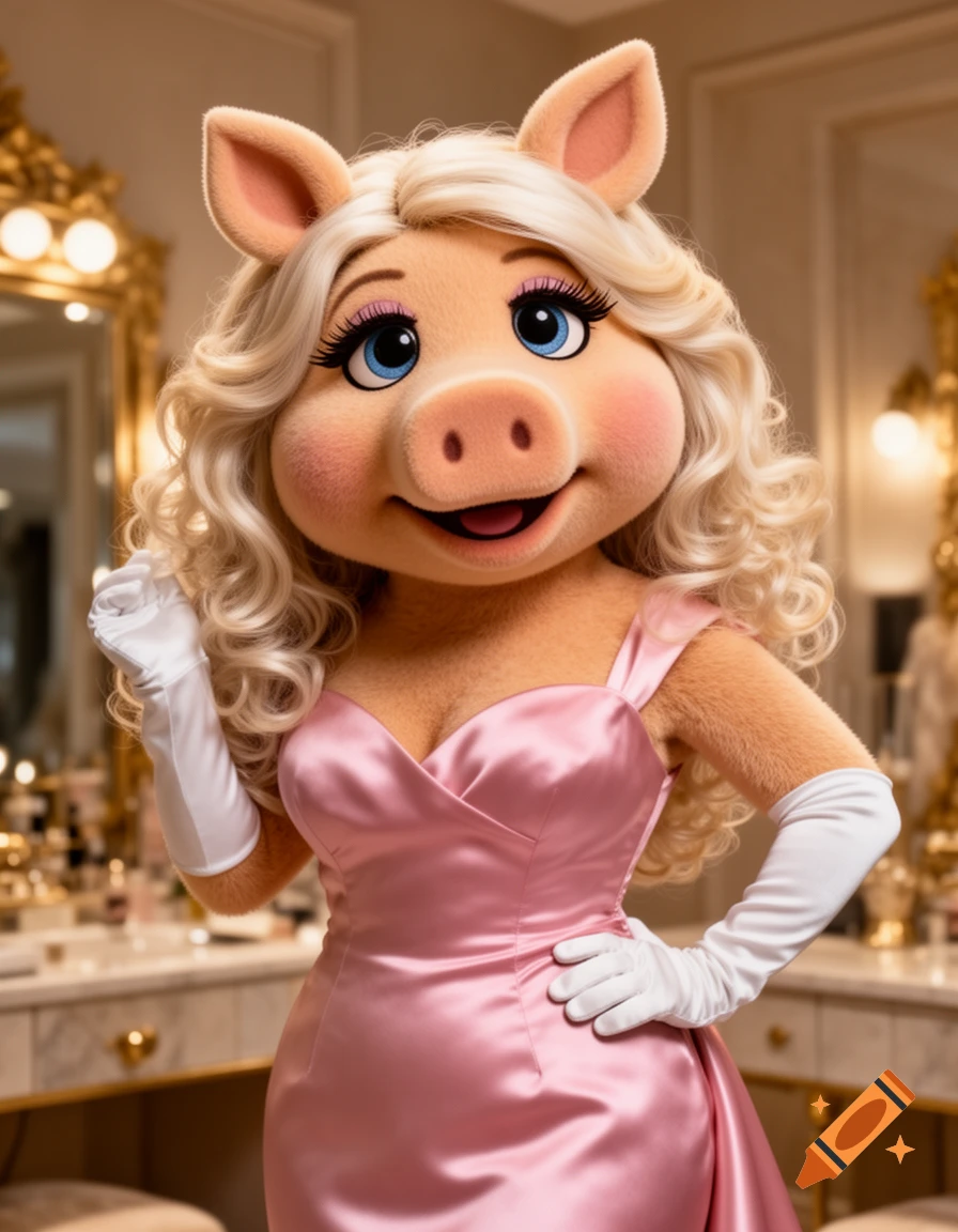 Photorealistic Miss Piggy in a pink satin dress and white gloves, smiling in a lavish gold-trimmed room.