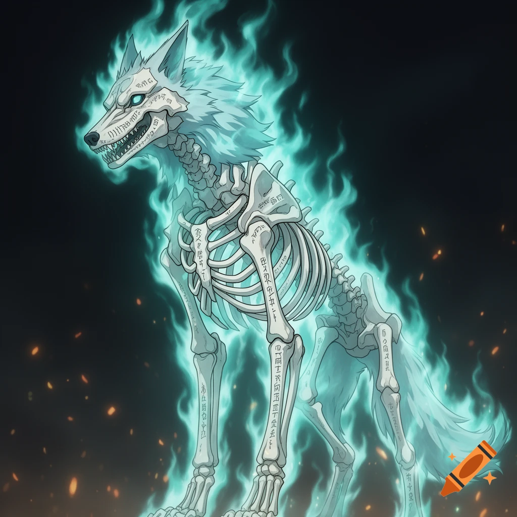 A stylized skeletal wolf wreathed in bright turquoise flames, with glowing blue eyes and decorative runes on its bones.