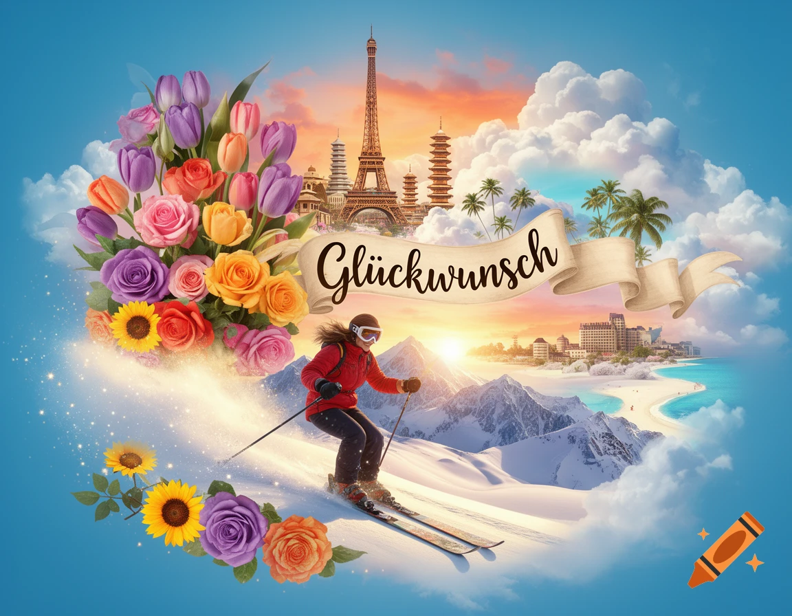 A colorful collage featuring a person skiing down snowy mountains, a bouquet of vibrant flowers, famous landmarks like the Eiffel Tower, a tropical beach, and a banner with 'Glückwunsch' (Congratulations).