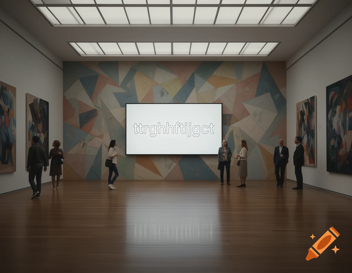 People observe colorful abstract art and a screen displaying text in a modern art gallery.