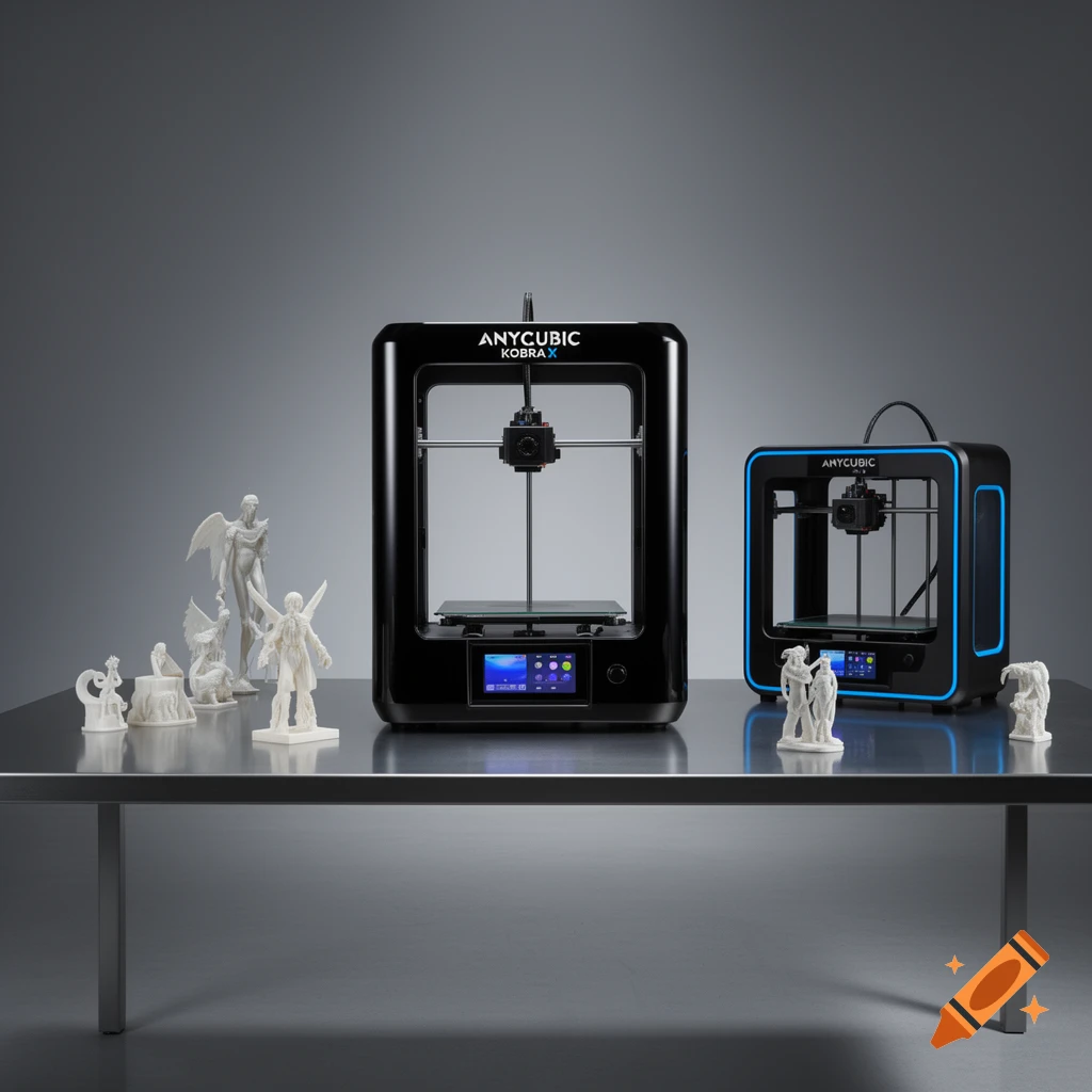 Two black Anycubic 3D printers, one Kobra X and a smaller model with blue accents, sit on a metal table surrounded by various white 3D-printed figurines, against a grey background.