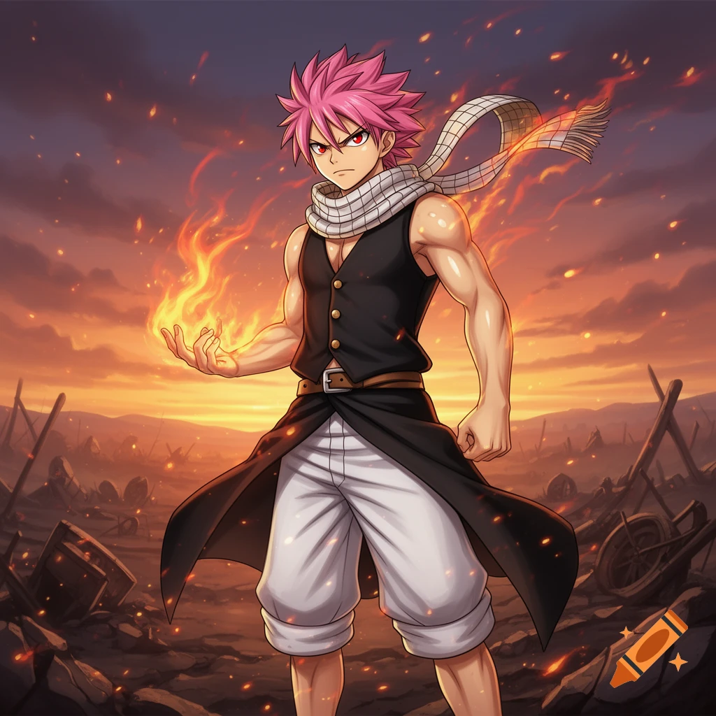 An anime character with spiky pink hair, red eyes, and a patterned scarf stands with fire in his hand amidst a fiery, desolate landscape at sunset.