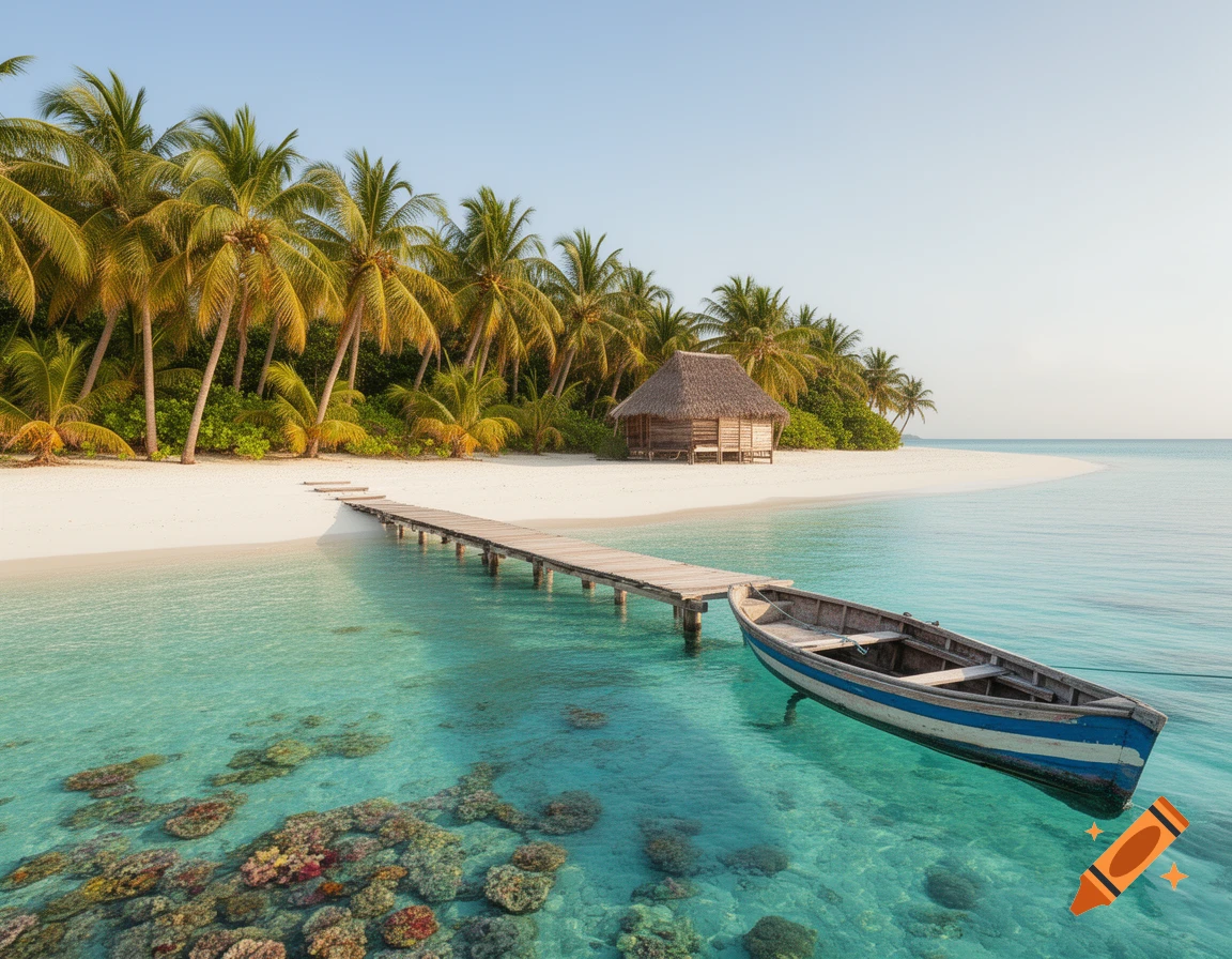 A photorealistic scene of a tropical island with a white sand beach, palm trees, a thatched hut, a wooden pier, and a boat in clear turquoise water.
