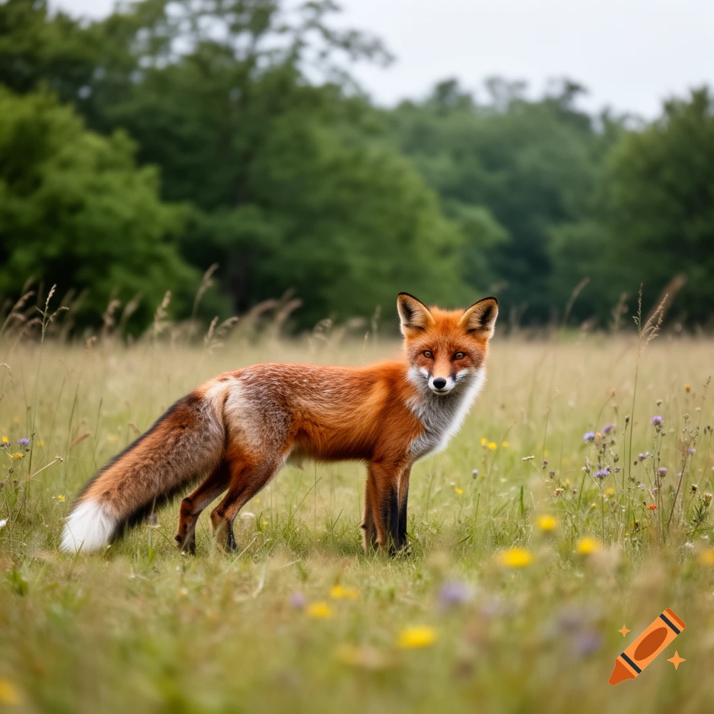 A photorealistic red fox stands in a grassy field with wildflowers, looking directly at the viewer. A lush green forest is in the background.
