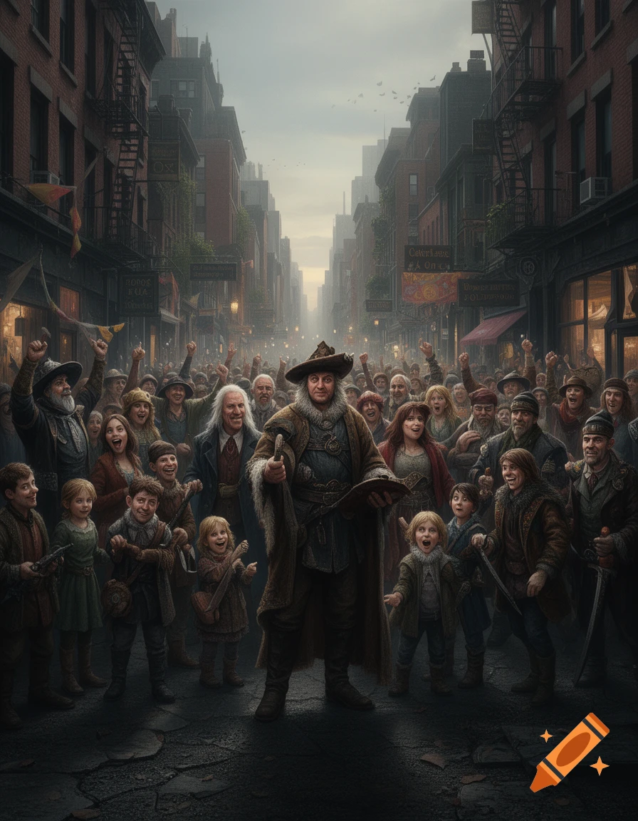 A large crowd of people in historical clothing gather on a cobblestone street lined with old brick buildings and shops under a cloudy sky.