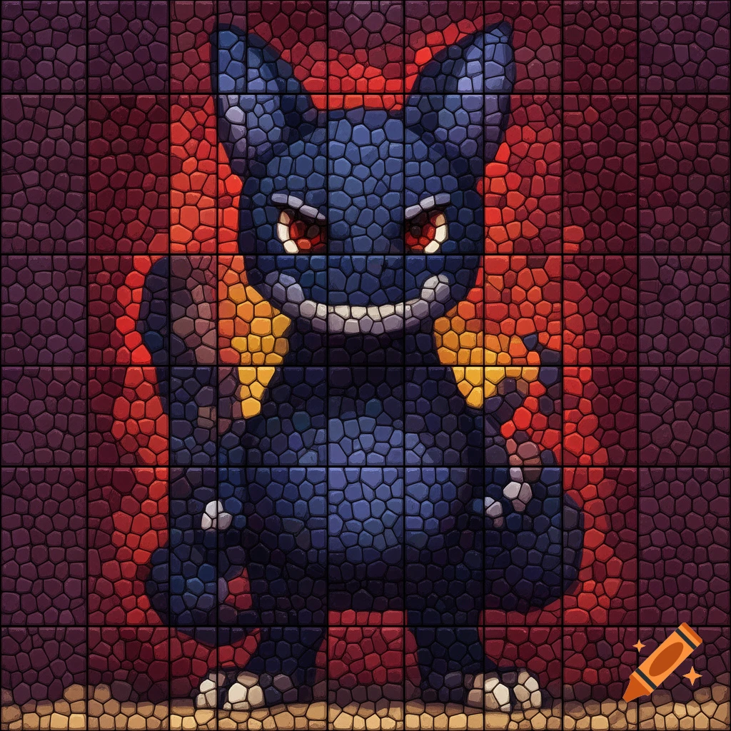 A mosaic art piece depicting a dark blue smiling creature with red eyes and orange accents against a fiery red and orange background.