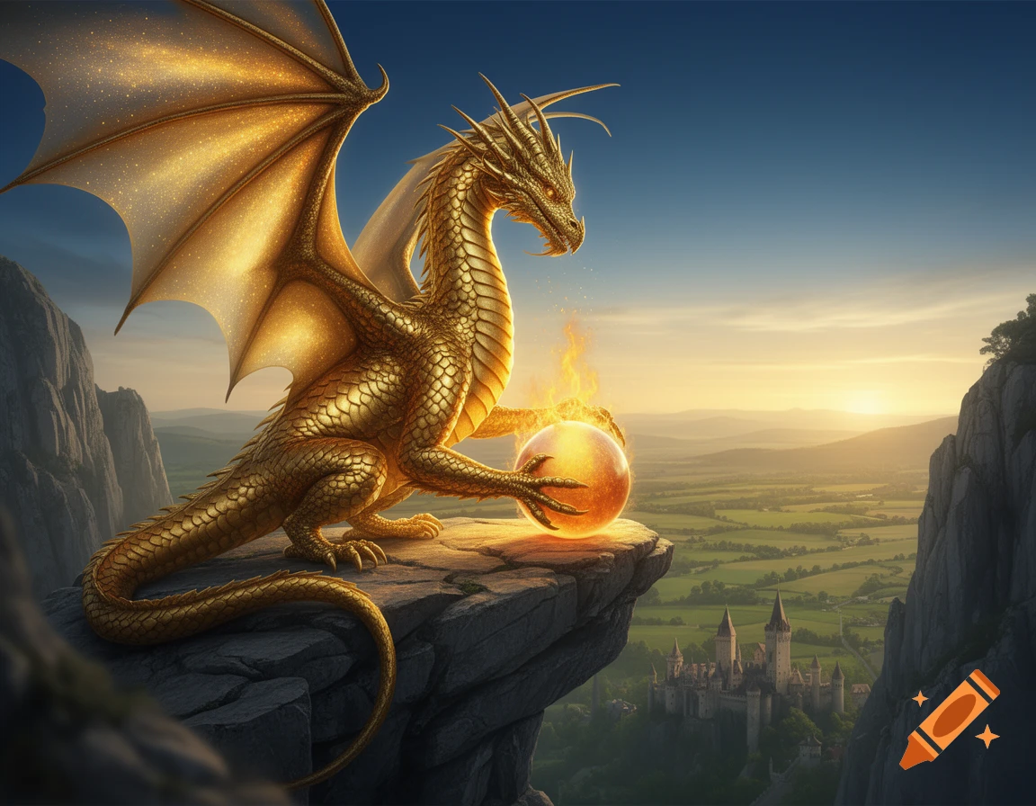 A majestic golden dragon with sparkling wings sits on a rocky cliff, its paw resting on a fiery orb, overlooking a lush valley and a castle at sunset.