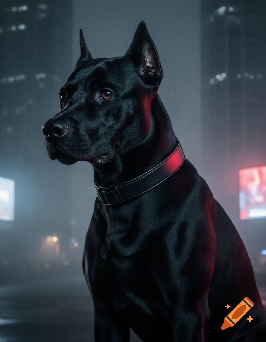 A sleek black dog with cropped ears and a collar sits in a foggy, neon-lit city at night, looking left.
