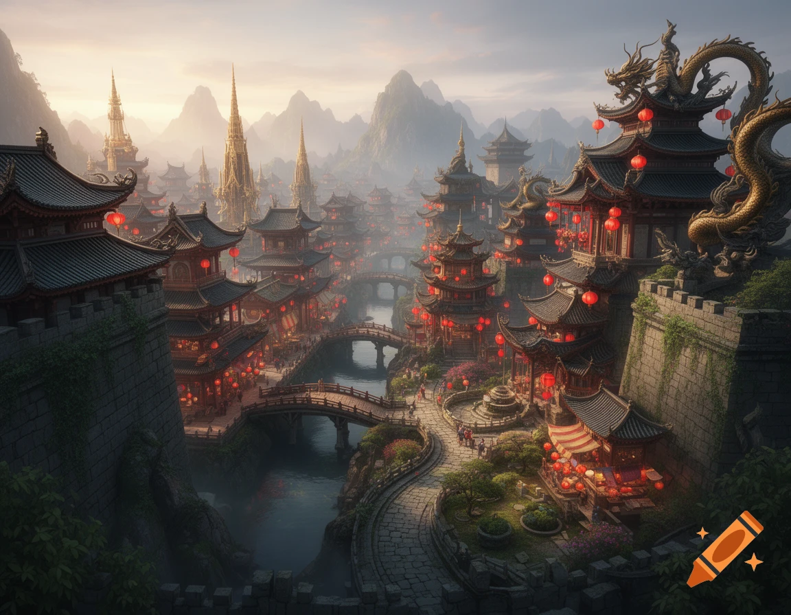 A vibrant fantasy city with intricate East Asian architecture, red lanterns, winding rivers, and bridges nestled among misty mountains at sunset.