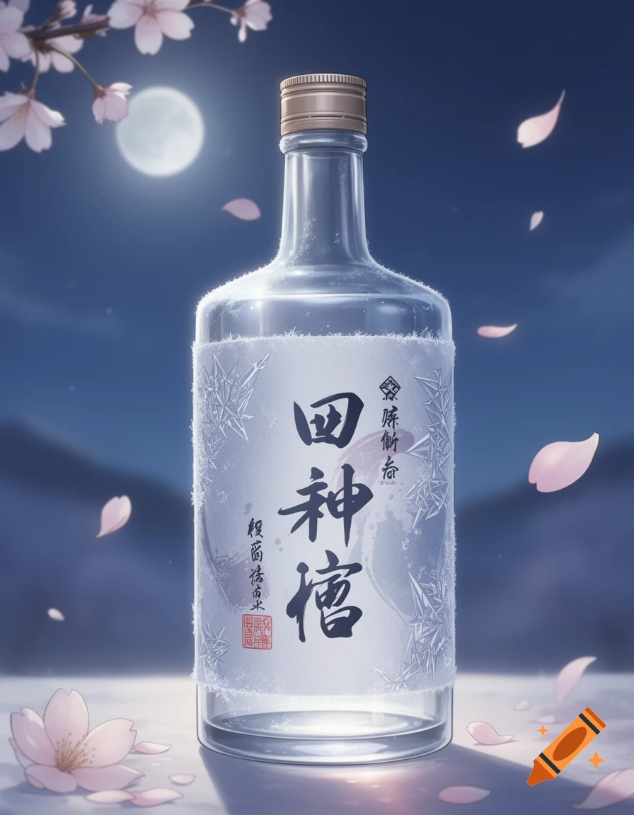 An anime-style frosted sake bottle with Japanese calligraphy on a label, set under a full moon with cherry blossoms.