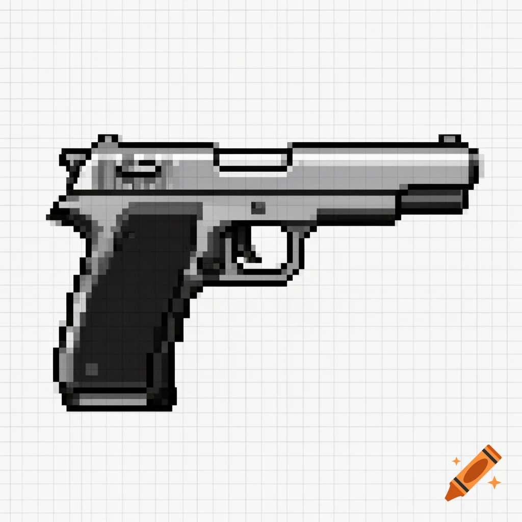 A grayscale pixel art pistol pointing to the right, set against a white grid background.
