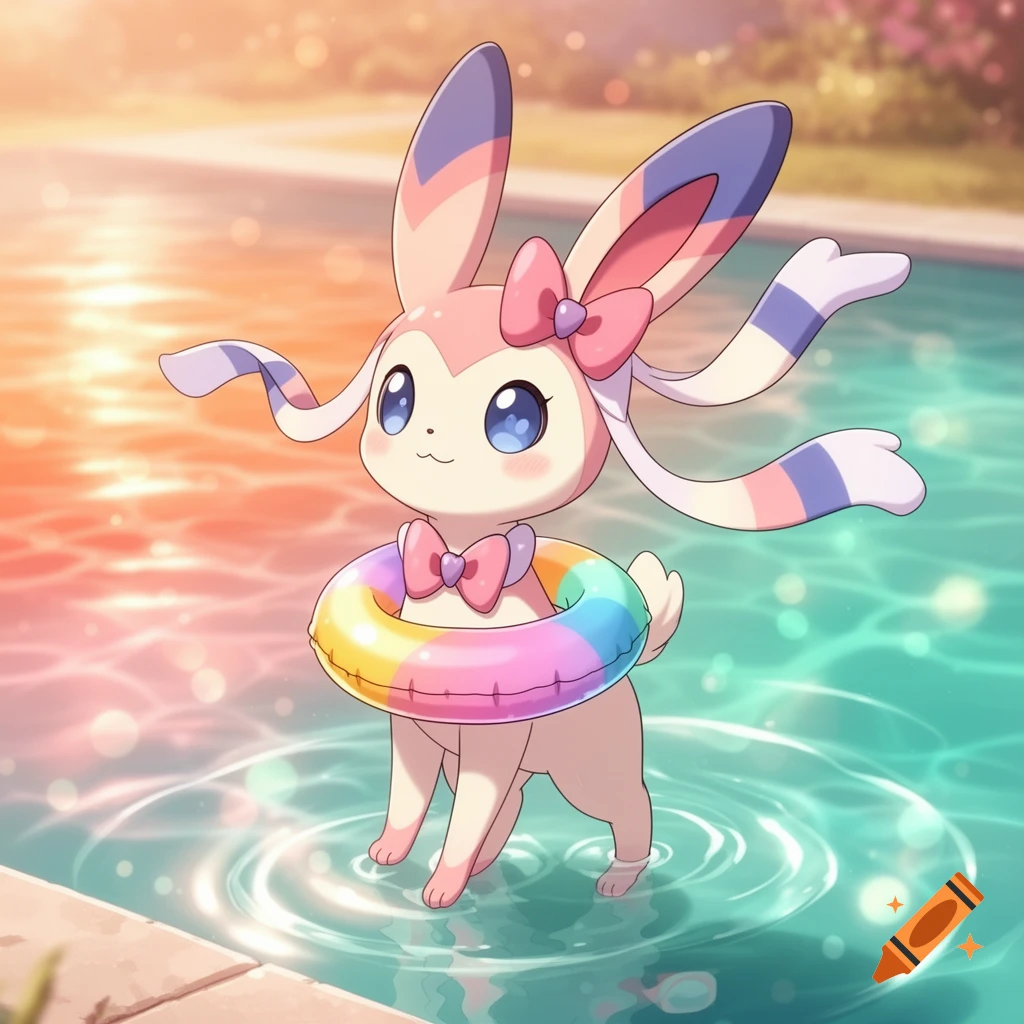 A cute pink and blue Sylveon wearing a rainbow pool floatie, standing in a swimming pool at sunset.
