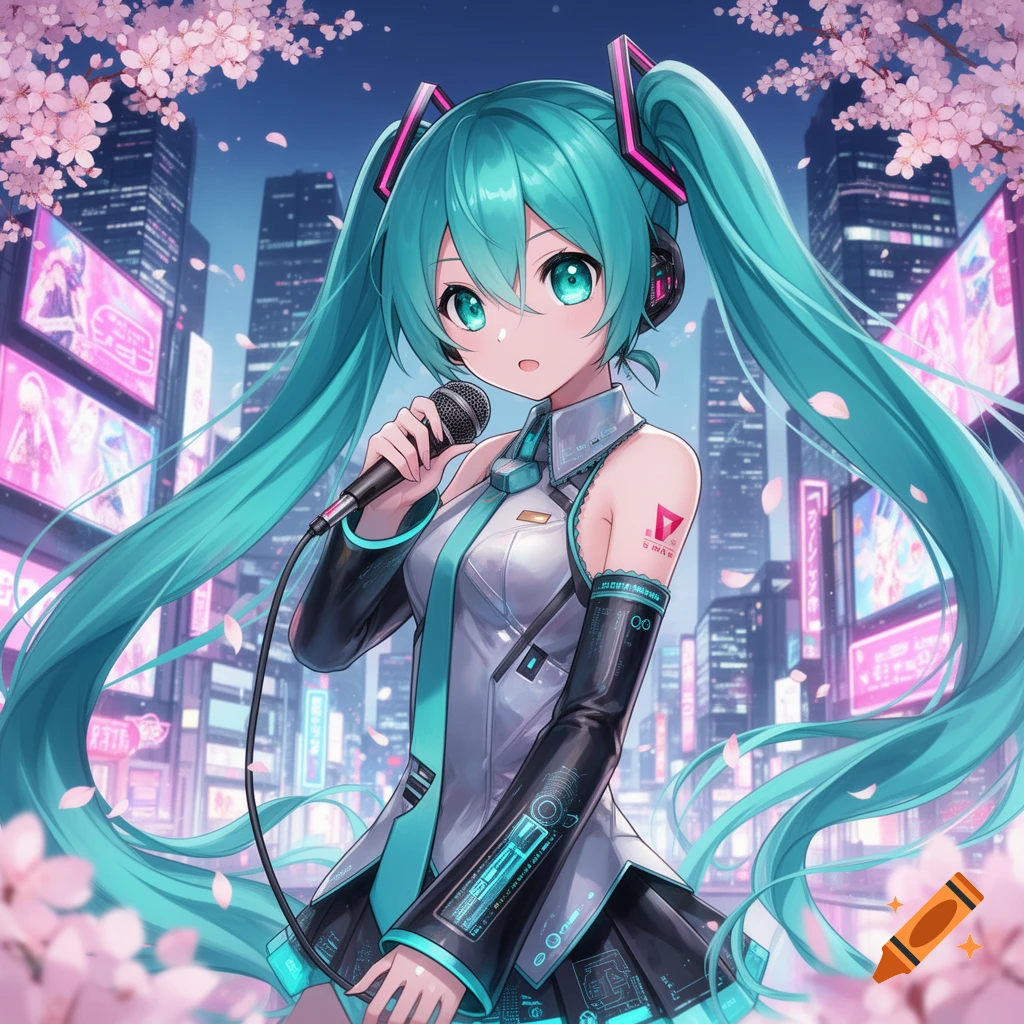 An anime girl with long turquoise pigtails, holding a microphone, stands in a futuristic city at night with cherry blossoms overhead.
