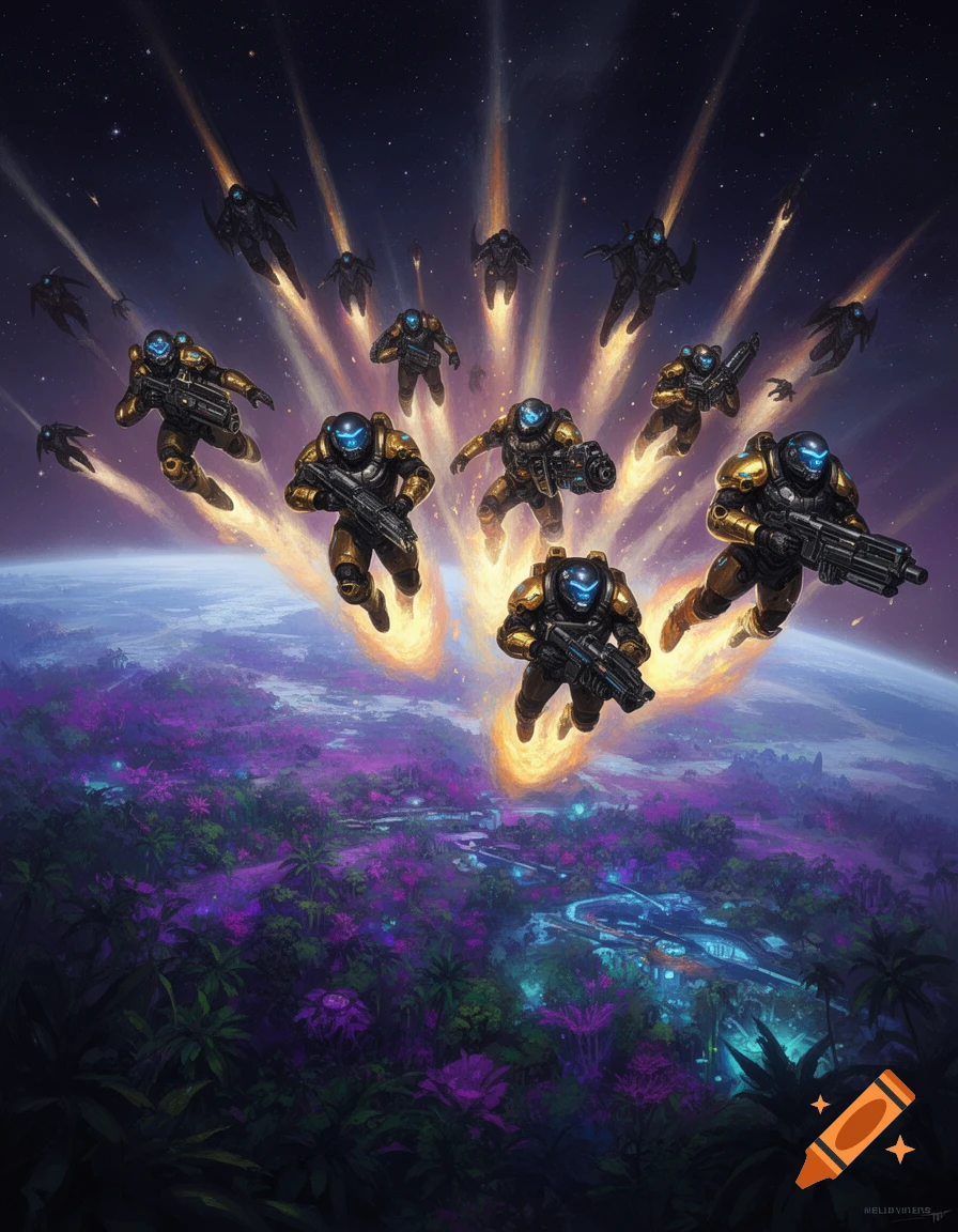Armored Helldiver soldiers descend through fiery trails from space towards a vibrant purple alien planet.