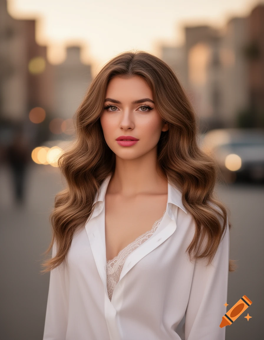 Photorealistic portrait of a young woman with wavy brown hair, wearing an unbuttoned white shirt and lace top, against a blurry urban background at sunset.