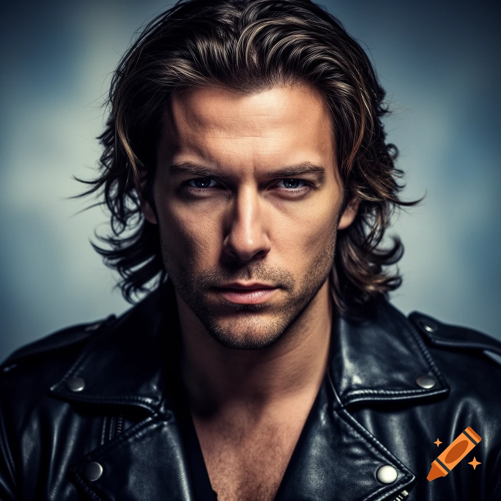 Close-up photorealistic portrait of a man with long brown hair, blue eyes, and a beard, wearing a black leather jacket.