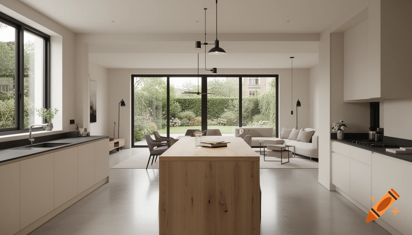 Open-plan modern kitchen and living room with a wood island, black accents, and large windows looking out to a lush garden.