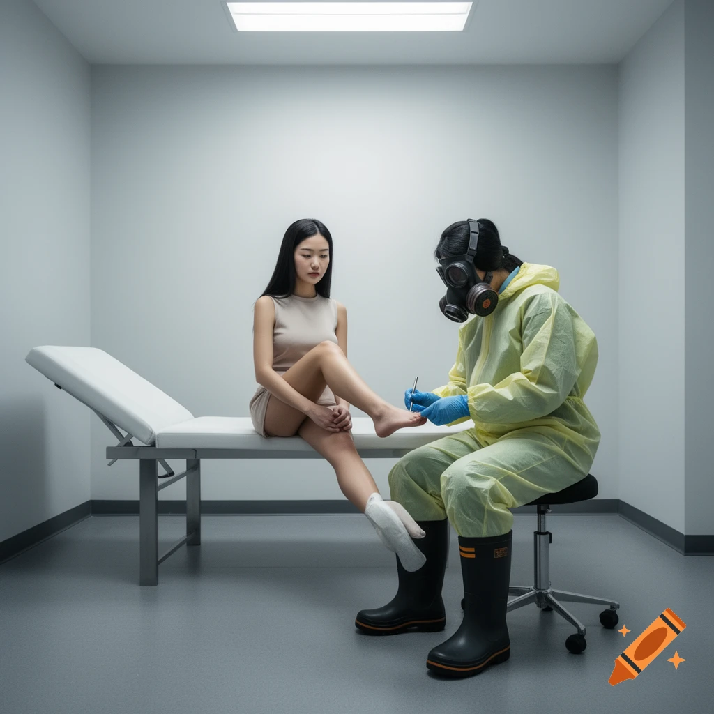 A person in a yellow hazmat suit, gas mask, gloves, and boots examines the foot of an Asian woman sitting on a white medical examination table in a sterile, white room.