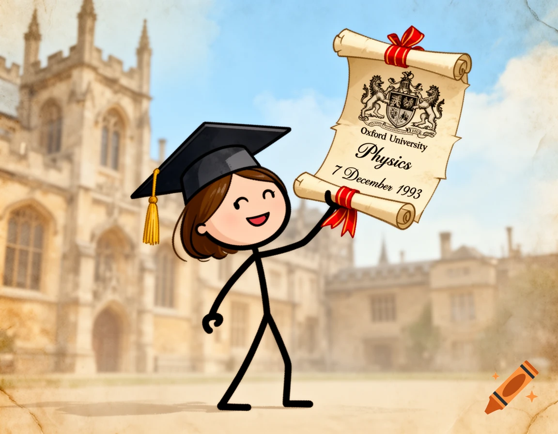 A happy stick figure girl in a graduation cap holds up a diploma from Oxford University, against a blurred university building background.