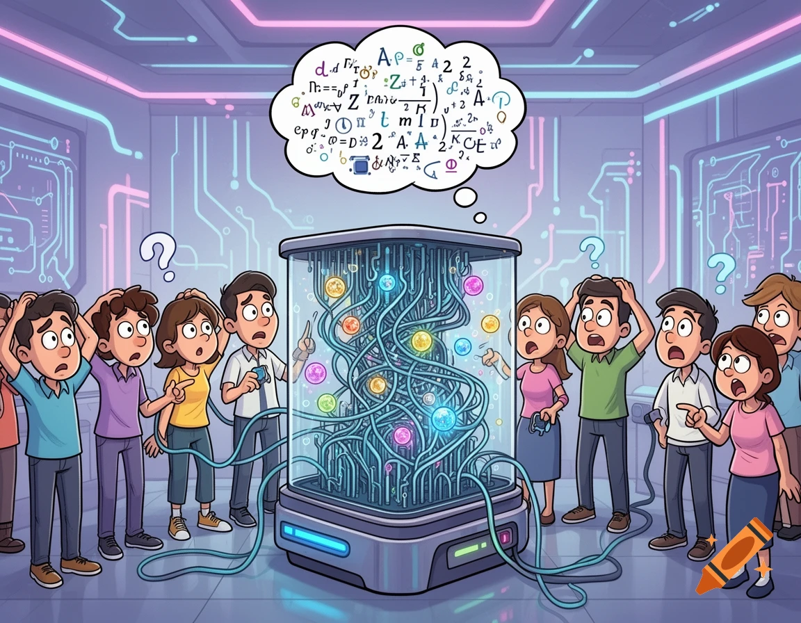 A cartoon shows several puzzled people gathered around a glowing quantum computer in a futuristic room, with complex equations in a thought bubble.