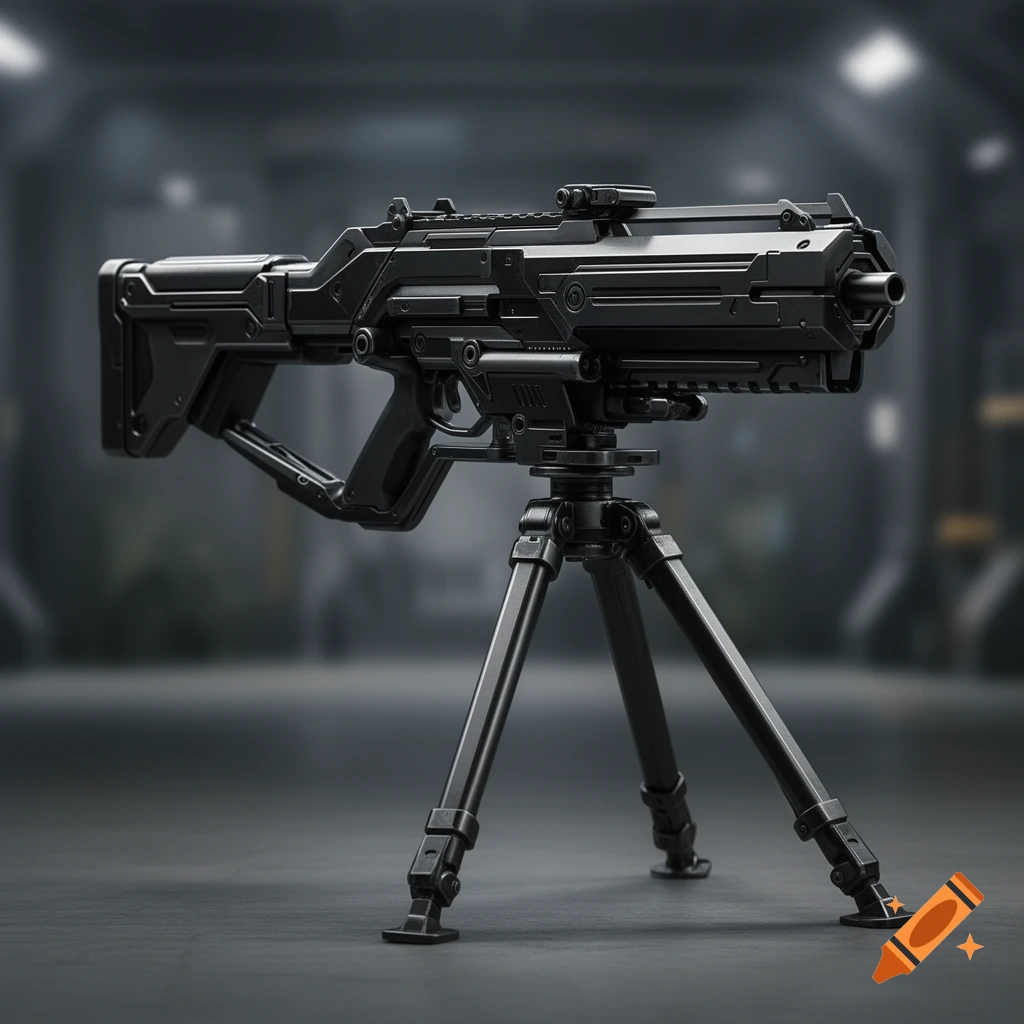 A futuristic black metal machine gun mounted on a tripod in a dark, blurred industrial setting.