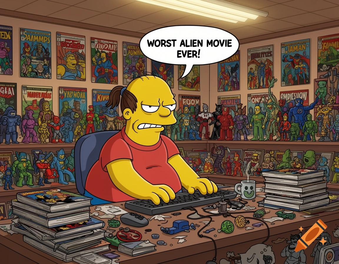 Comic Book Guy from The Simpsons sits at a desk cluttered with comic books and action figures, with a speech bubble saying "WORST ALIEN MOVIE EVER!"