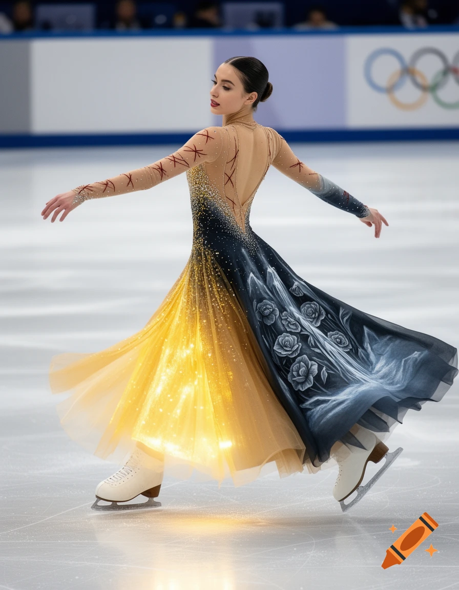 A female figure skater glides on ice, wearing a dress that transitions from sparkling yellow to dark blue with painted roses, and red marks on the sleeves. The Olympic rings are visible in the blurred background.