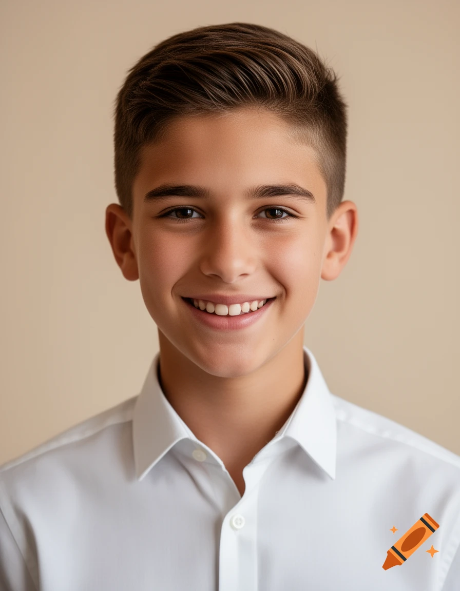 A headshot portrait of a smiling young boy with short brown hair wearing a white collared shirt against a plain background.