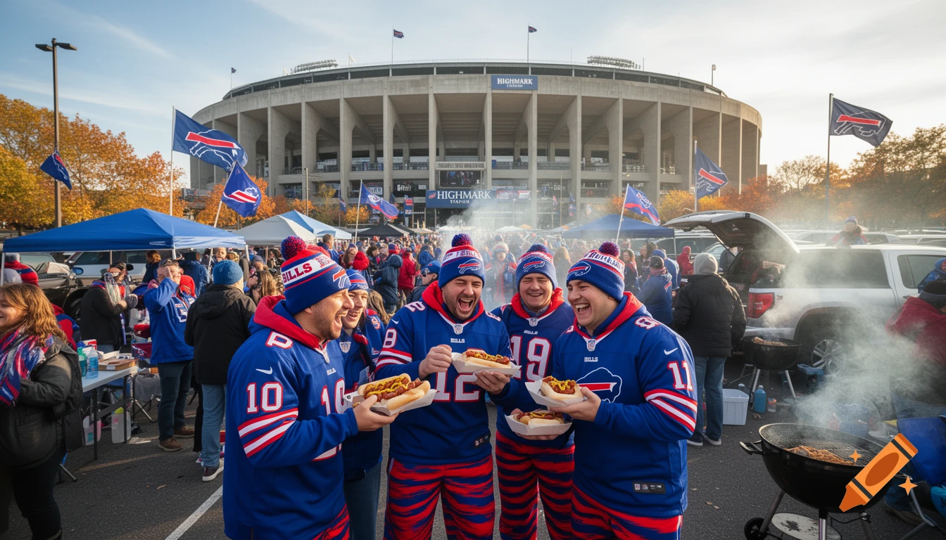 Lively Buffalo Bills fans tailgate outside Highmark Stadium, laughing and eating hot dogs amidst grills and team flags. Photorealistic.