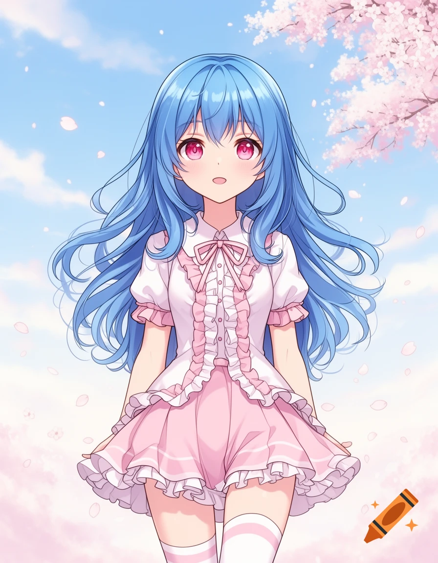 Anime girl with long blue hair and pink eyes, wearing a pink and white ruffled dress, under cherry blossoms.