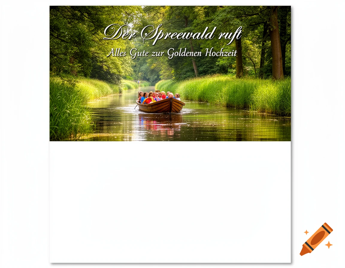 A scenic boat on a narrow river through a lush green forest, with people and text 'Der Spreewald ruft Alles Gute zur Goldenen Hochzeit'.