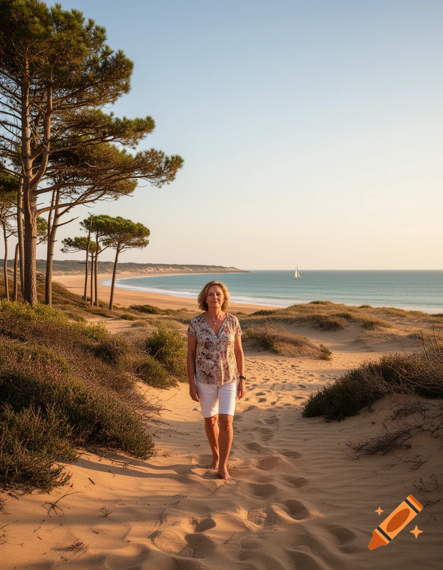 A woman walks barefoot on a sandy beach path with pine trees, dunes, and ocean with a sailboat in the background, photorealistic.