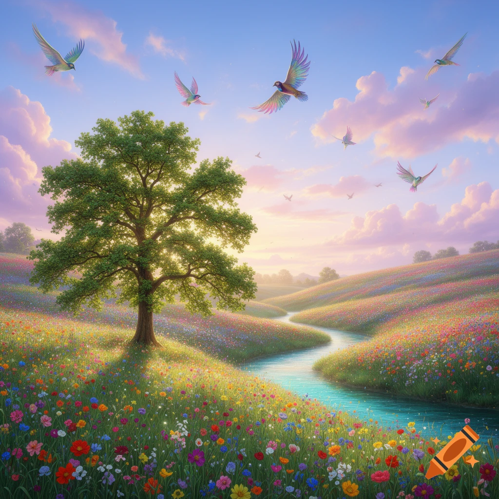 Vibrant fantasy landscape with a large tree, winding river, colorful wildflowers, and rainbow-winged birds flying under a pastel sky.