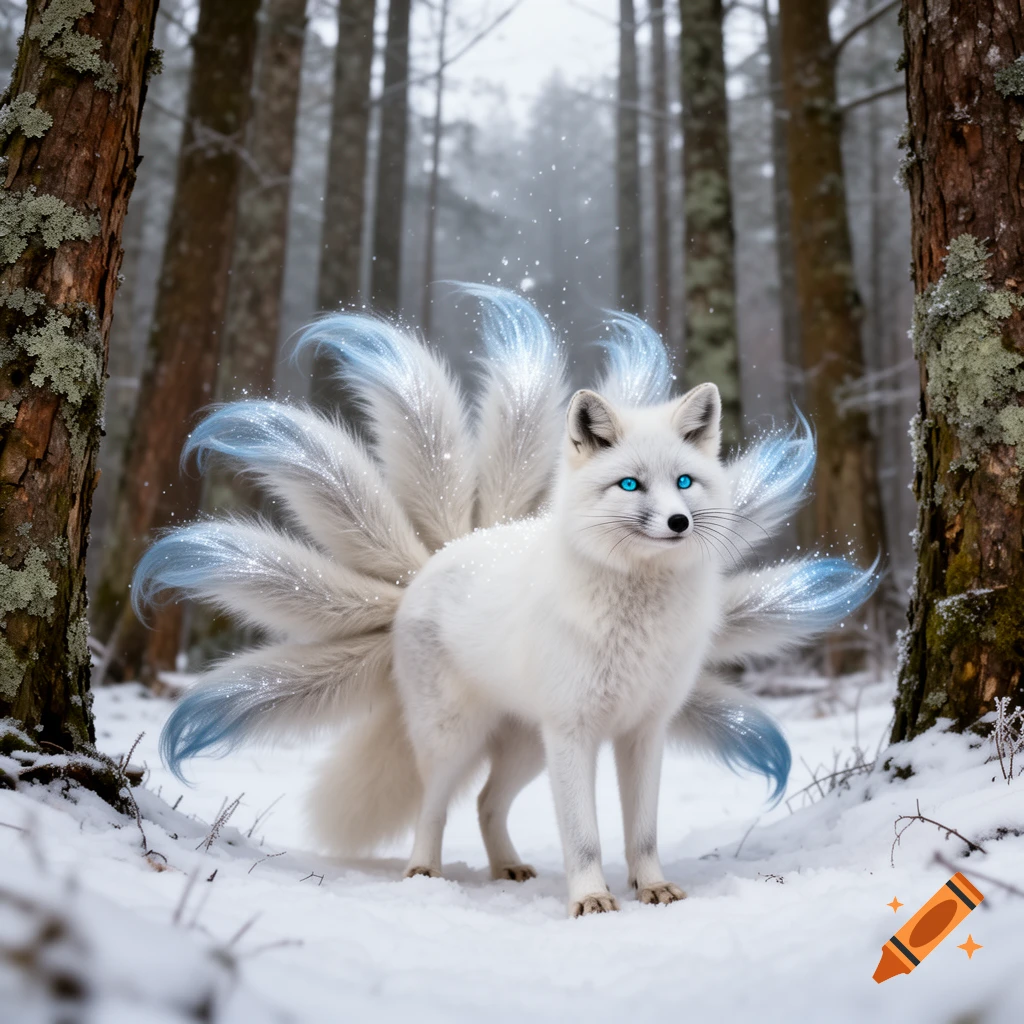 A photorealistic white fox with nine blue-tipped, sparkling tails and blue eyes stands in a snowy forest.