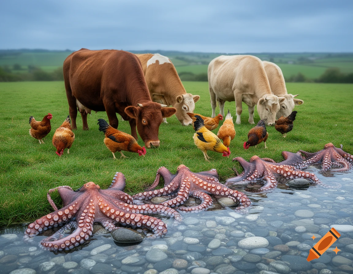 Four cows and many chickens graze in a green field with eight octopuses lying along the edge of a shallow, rocky stream in the foreground.