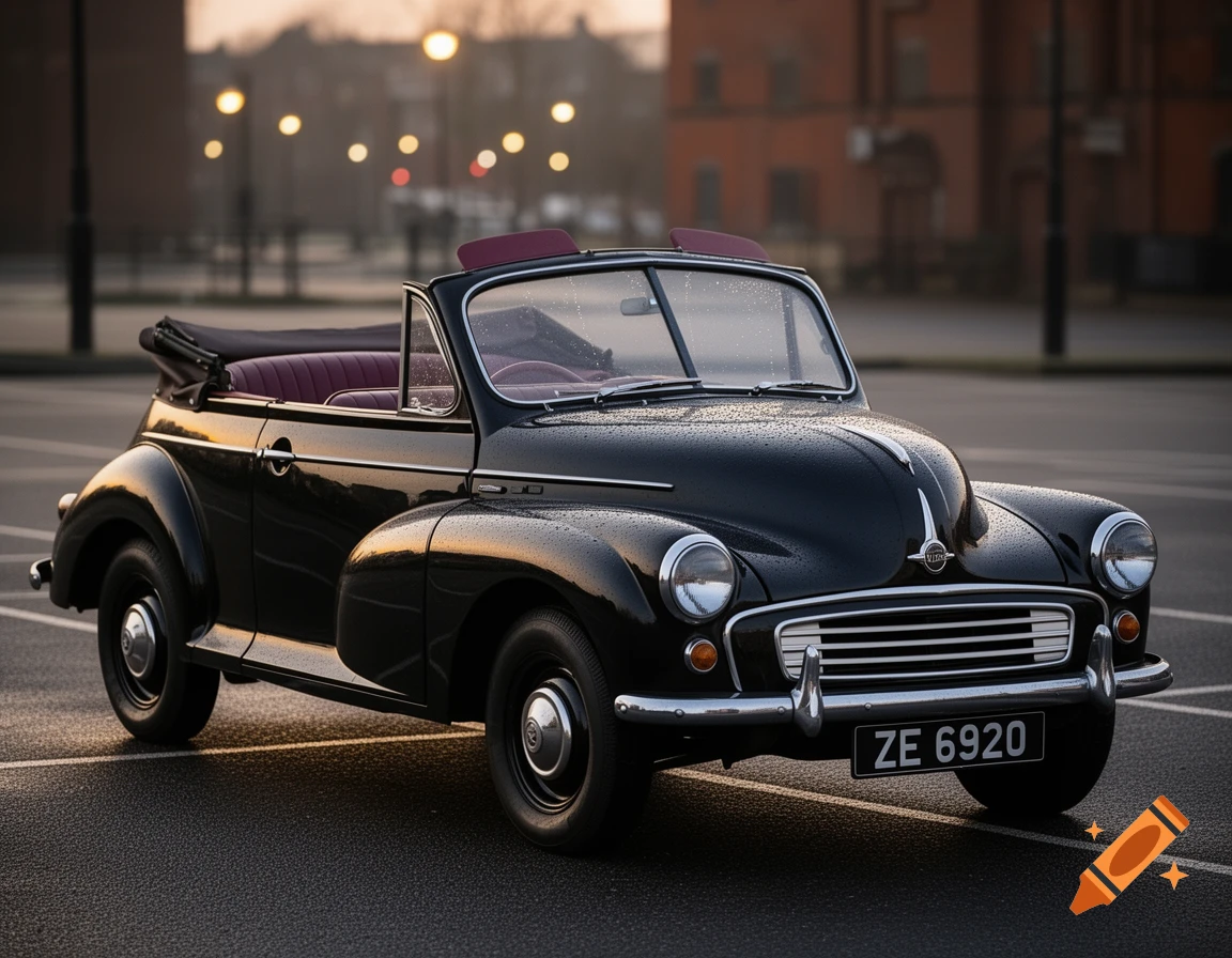 A black 1950 Morris Minor convertible car with red interior, parked on a wet street at dusk with blurred streetlights in the background.