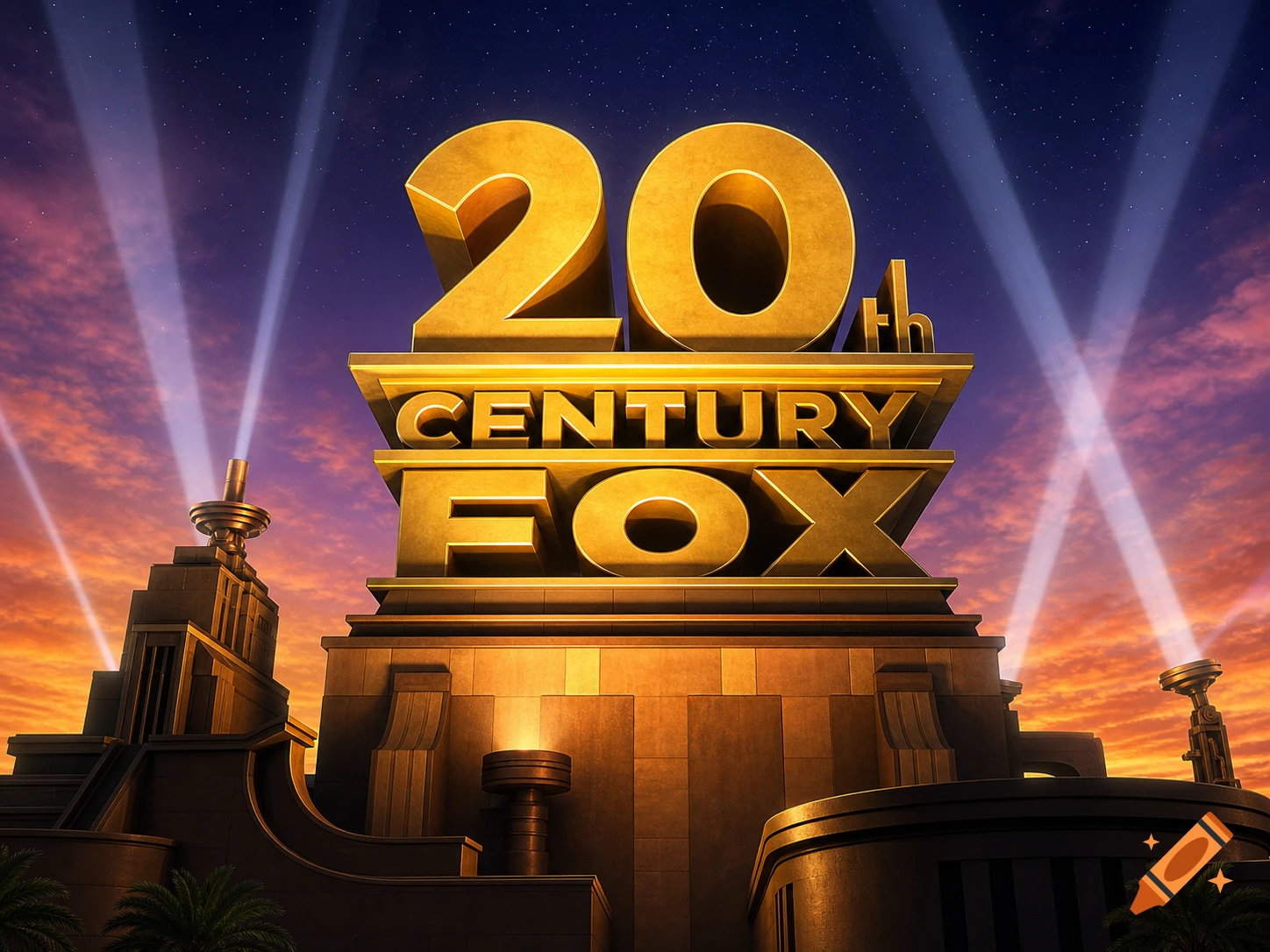 The 20th Century Fox logo, a golden structure with searchlights against a dramatic sunset sky.
