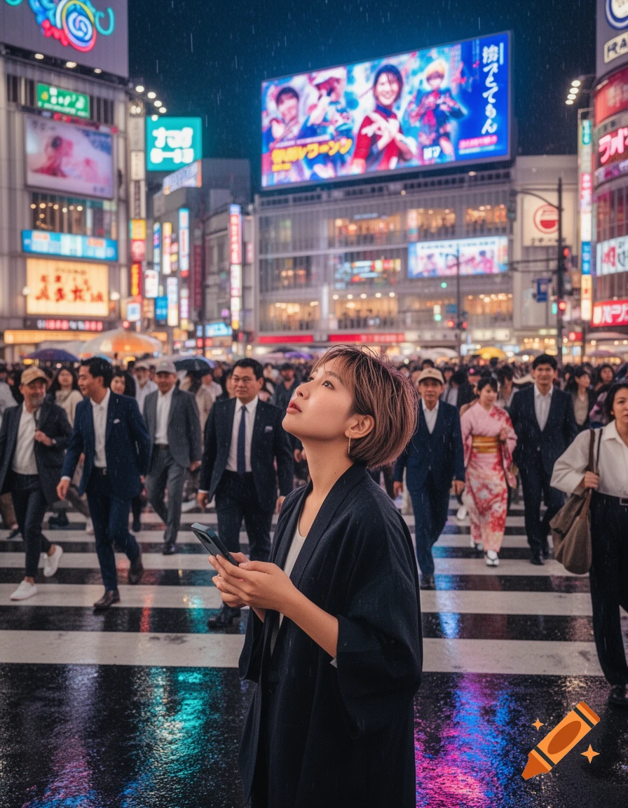 A woman in a black jacket looks up from her phone while standing on a wet crosswalk in a bustling, neon-lit Japanese city street at night, surrounded by people.